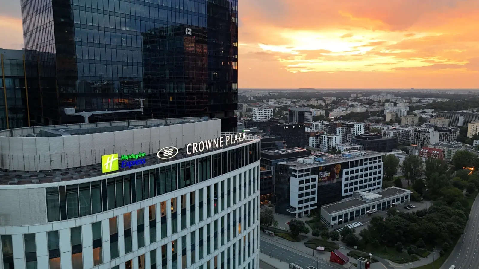 Warsaw Wola business district at sunset with Crowne Plaza and Holiday Inn Express