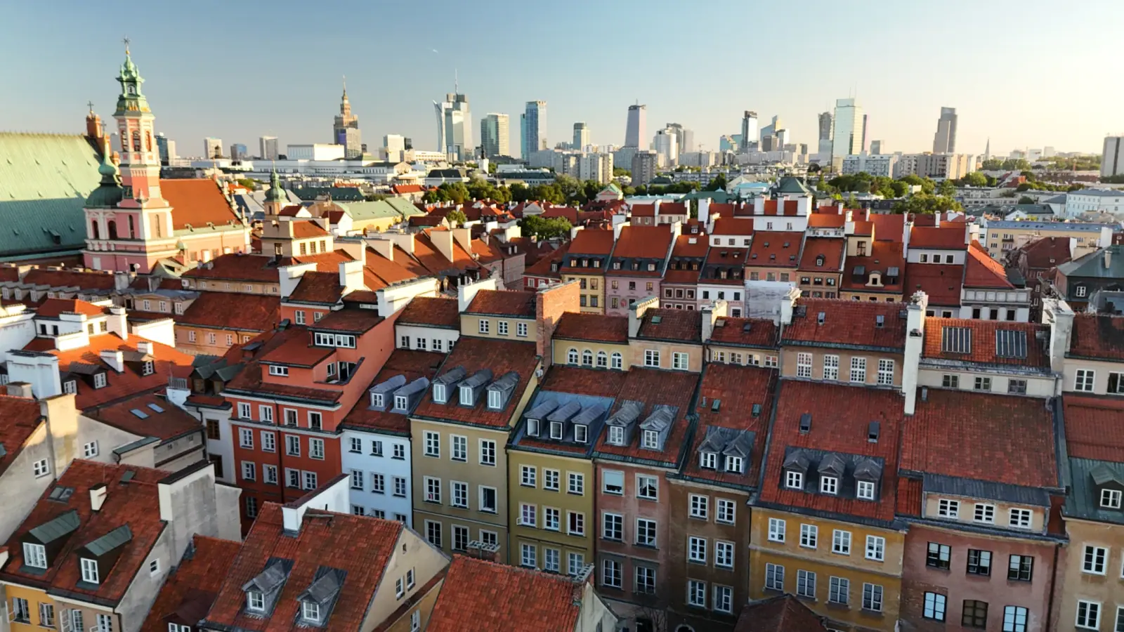 Warsaw Old Town terracotta rooftops and heritage facades