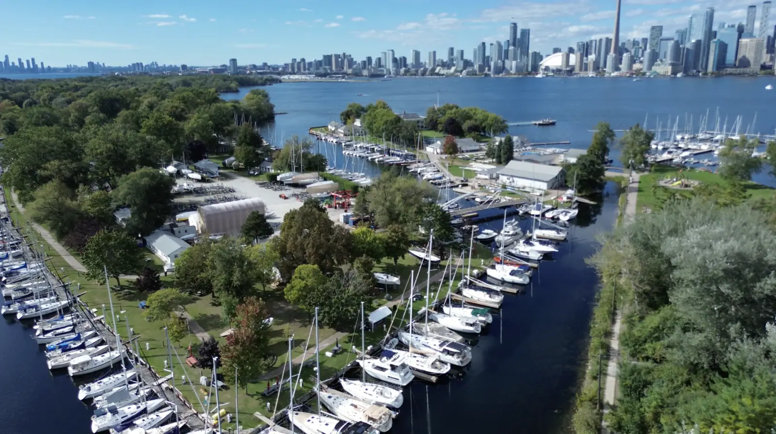 Marina with yachts against a panoramic city skyline