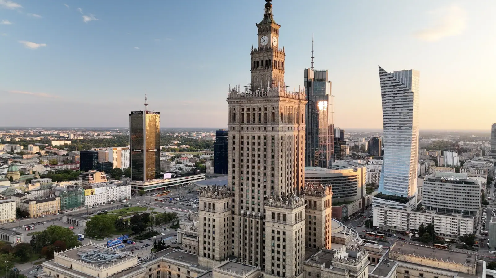 Palace of Culture surrounded by Warsaw's modern skyline